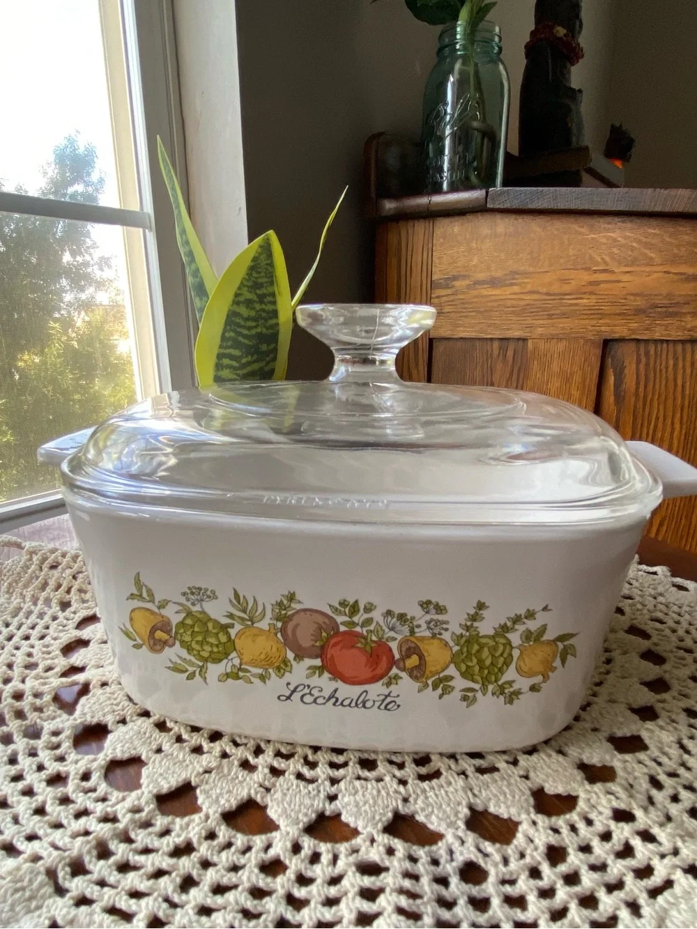 Vintage Corringware White Ceramic Herb & Vegetable Casserole Dish with Glass Lid